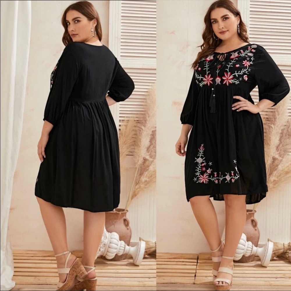 Plus Boho Floral Embroidered Smock Dress